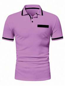 Calvornis Men's Casual Contrast Trim Short Sleeve Polo Shirt, Summer, Formal Cotton, Ceremony - Violet Purple - View 3