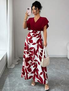 Elenzga Vestido ajustado y acampanado con volantes y mangas de capa, con estampado de hojas de color rojo burdeos, para primavera/verano - Multicolor - Ver 7