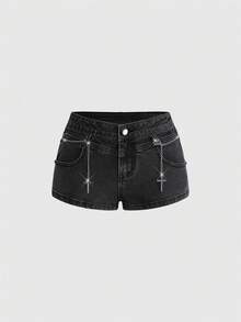 ROMWE Grunge Punk Quần short denim cạp siêu trễ kiểu Punk Y2K cổ điển, gợi cảm với họa tiết dây xích và thánh giá. - màu đen - Xem 2