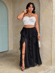 Rustia 低腰迷你裙，西部风，度假风，夏季女装，沙滩女装，不对称荷叶边雪纺飘逸系腰半身裙，复古性感A字中长裙，朋克哥特风不对称下摆半身裙，高腰荷叶边开衩半身裙，不对称修身半身裙，设计感 - 黑色 - 查看 5