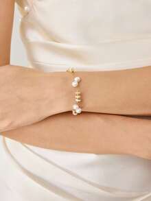 MOTF PREMIUM 欧美时尚淡水珍珠拼接十字手链，女士设计感十足的金属缠绕珍珠手链，时尚手链 - 彩色 - 查看 7