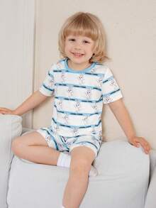 LOONEY TUNES X SHEIN Young Boys Crew Neck Short Sleeve Cute Print Pajama Set, Summer - Blue and White - View 1