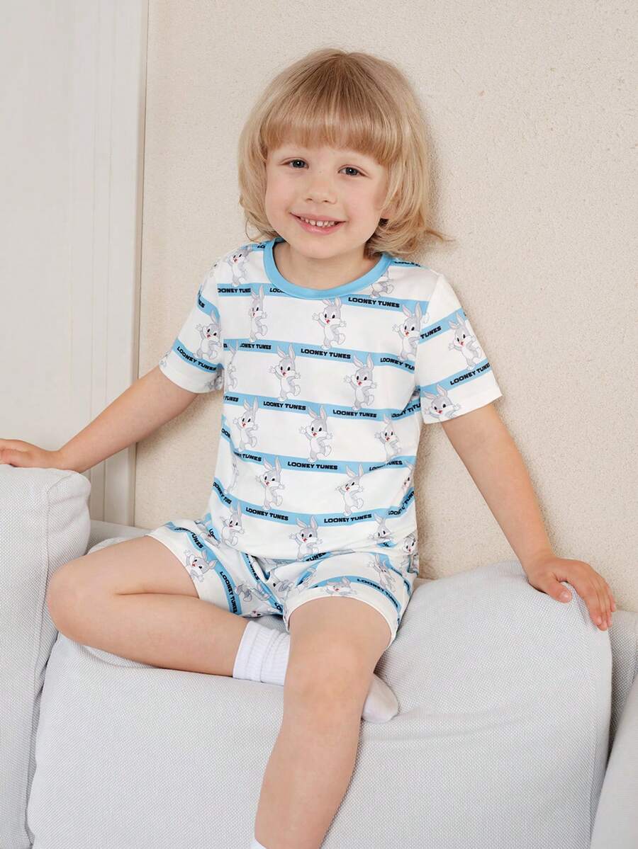 LOONEY TUNES X SHEIN Young Boys Crew Neck Short Sleeve Cute Print Pajama Set, Summer - Blue and White - View 1