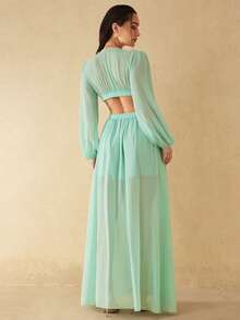 Silquee Women's V-Neck Long Lantern Sleeve High Slit Chiffon Dress, Spring/Summer - Mint Blue - View 2