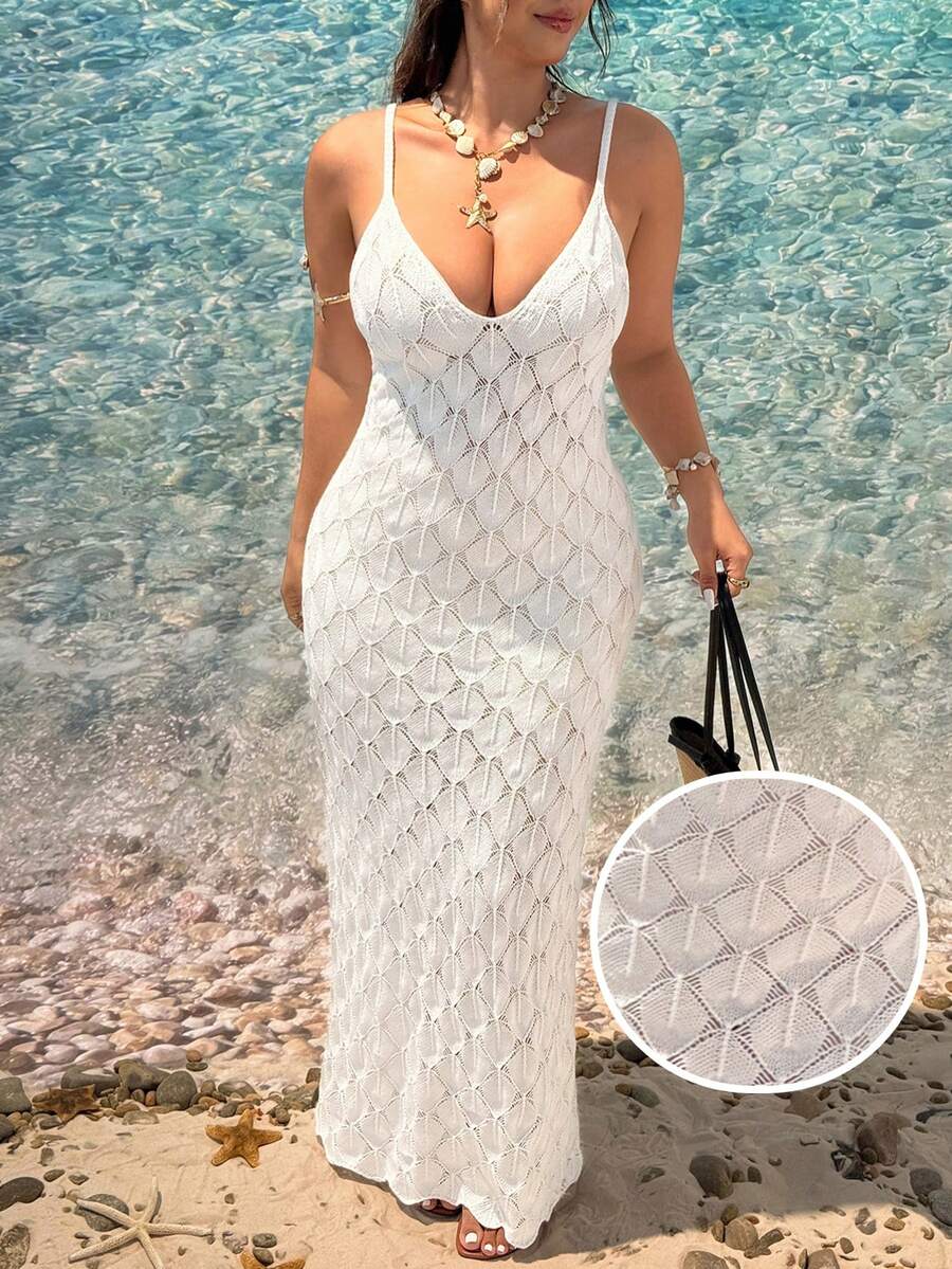 SHEIN EZwear 大码女式针织优雅纹理花卉图案吊带毛衣连衣裙,休闲百搭假日风格 - 米色 - 查看 1