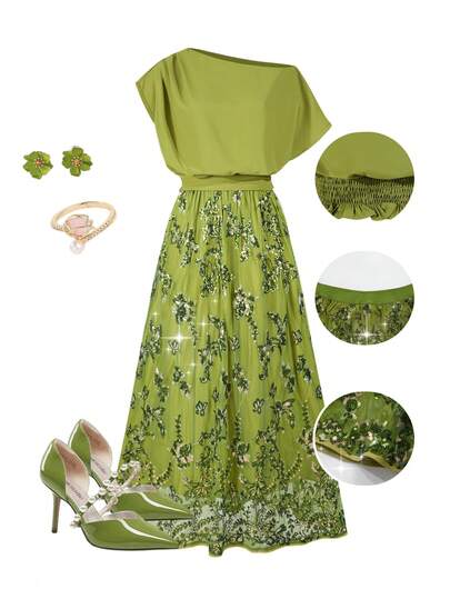 Ellevyn Asymmetric Neck Top And Sequin Mini Skirt, Luxurious Elegant Resort Set