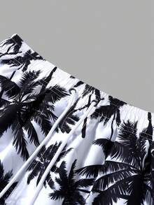Manfinity Swimmode リゾートカジュアル、ビーチバケーション用メンズ水着、ドローストリングウエスト、セキュリティポケット、軽量4方向ストレッチ、パームツリー花柄、ブラックホワイト地 ノンストレッチ ビーチショーツ、ハワイアン - ブラック&ホワイト - チェックする 3