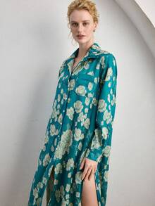 Ocili Đầm ngủ nữ cổ jacquard cài một hàng khuy, kiểu dáng thường ngày, thích hợp mặc ở nhà. - Màu xanh lá cây đậm - Xem 5