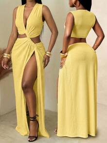 BamGleam 女士纯色深V领褶皱扭结镂空开衩性感派对连衣裙 - 黃色 - 查看 2