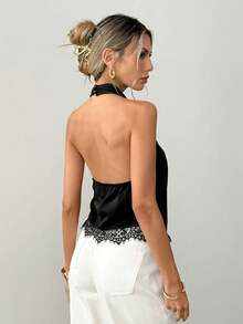 Ritzy Row Top halter de seda negra con delicado ribete de encaje, diseño de escote en V, elegante top de tirantes para damas, sexy y elegante para uso diario - Negro - Ver 3