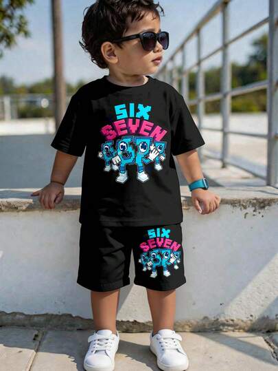 SHEIN 2pcs/Set Young Boys Casual Short Sleeve Shorts Set, Suitable For Summer, Classic Pixel Pattern Print, Cool 8-Bit Robot Graphic Print, "Six", "Seven" Text Print