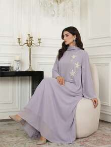 Al Najma Women's Elegant Beaded Embroidery Loose Arabic Style Dress, Autumn - Dusty Purple - View 3