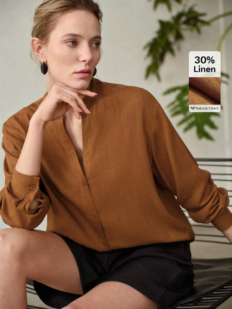 BROWN NOTCH NECK LOOSE CASUAL VINTAGE STYLE BLOUSE FOR WOMEN, SUITABLE FOR WORK AND EVERYDAY WEAR, SPRING/SUMMER