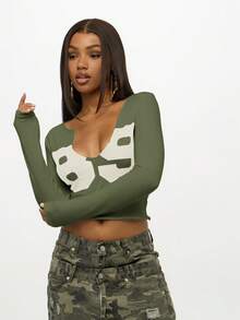 SUMWON WOMEN 蝴蝶印花长袖短款上衣 圆领修身 T 恤 - 卡其色 - 查看 7