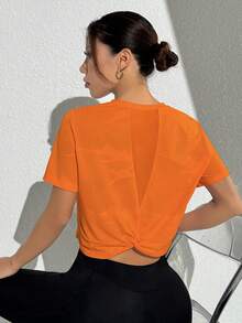 Eassivo Eassivo Casual Versatile Orange Mesh Splice Comfortable Sports T-Shirt - Orange - View 5