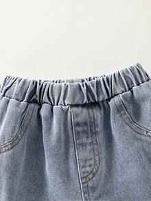 SHEIN 2件套男女宝宝休闲可爱条纹短袖T恤和牛仔短裤套装，宝宝服装套装，街头风，春夏款 - 藍色 - 查看 7