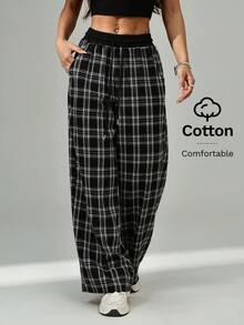 SHEIN PETITE Pantalones anchos de pierna ancha a cuadros casuales y sueltos para mujer - Blanco y Negro - Ver 5