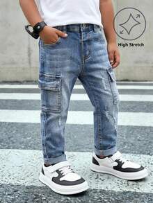 Toddler Boys' Casual Elastic Washed Blue Denim Jeans, Comfortable & Versatile - Blue - View 7