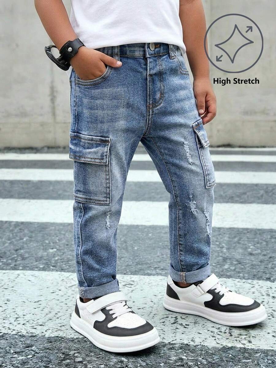 幼儿男童休闲弹力水洗蓝色牛仔裤，舒适百搭 - 藍色 - 查看 1