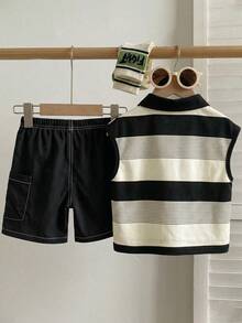 SHEIN 男童条纹无袖 Polo 衫，配纽扣半开襟针织背心和松紧腰休闲短裤套装，夏季 - 黑與白 - 查看 2
