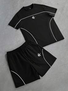 PAVTROS Bộ đồ nam tối giản in họa tiết, gồm áo thun ngắn tay cổ tròn và quần short, thích hợp cho mùa hè. - màu đen - Xem 4