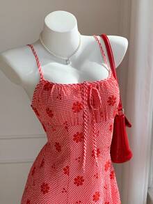 SHEIN EZwear 大码女式夏季海滩度假风印花刺绣吊带裙 - 紅色 - 查看 6