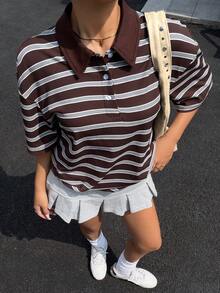 Muchica Brown Striped Knit Casual Women's Short-Sleeved T-Shirt, Summer, Beachwear, Vacation Wear, Resort Wear - Multicolor - View 5