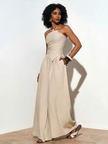 新款夏季休闲度假通勤波西米亚卡其色亚麻不规则褶裥背心+阔腿裤两件套，适合日常穿着、度假、旅行、海滩、西部风情、游牧生活方式、通勤、早午餐、机场穿搭、音乐节、演唱会、派对、节日、婚礼宾客着装 - A - 卡其色 - 查看 9