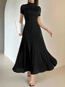 NOVVYNE Women's Solid Color Stand Collar Elegant Short Sleeve Dress,Sun Dress - Black - View 7