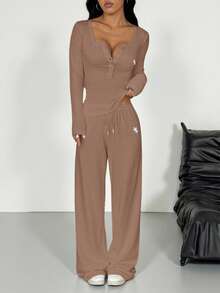 SHEIN EZwear 咖啡棕色针织上衣和裤子女士休闲日常装 - 咖啡棕 - 查看 2