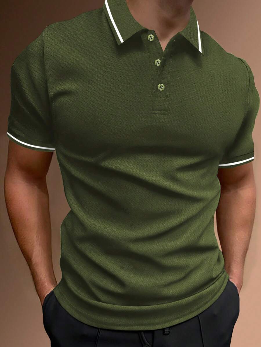 Manfinity Homme Men's Minimalist Contrast Color Short Sleeve Polo Shirt, Summer - Army Green - View 1