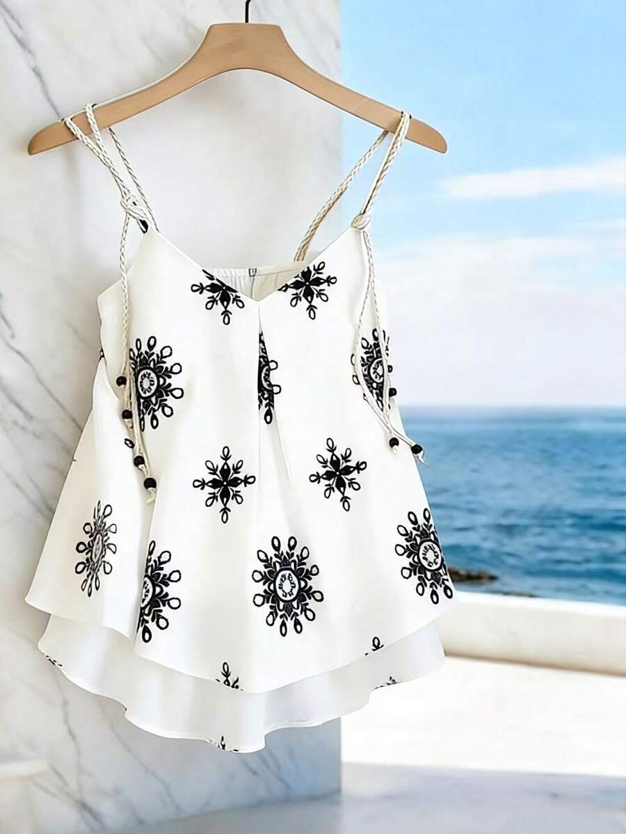 Franclia Elegant French Style, Woven, Printed, Bamboo Fiber Fabric, V-Neck Lightweight, Sexy, Loose Fit, Youthful, Vacation, Beach, Date, Commute, Student, Beach Holiday, New Summer Women Tank Top - Black and White - View 1