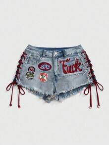 ROMWE Avant 大码女式 Y2K 复古针织运动芭蕾风格图案刺绣抽绳低腰性感迷你紧身牛仔短裤 - 淺藍色 - 查看 1