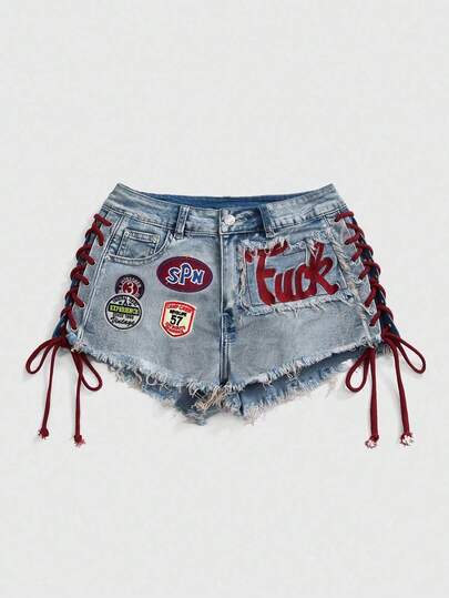 ROMWE Avant 大码女式 Y2K 复古针织运动芭蕾风格图案刺绣抽绳低腰性感迷你紧身牛仔短裤