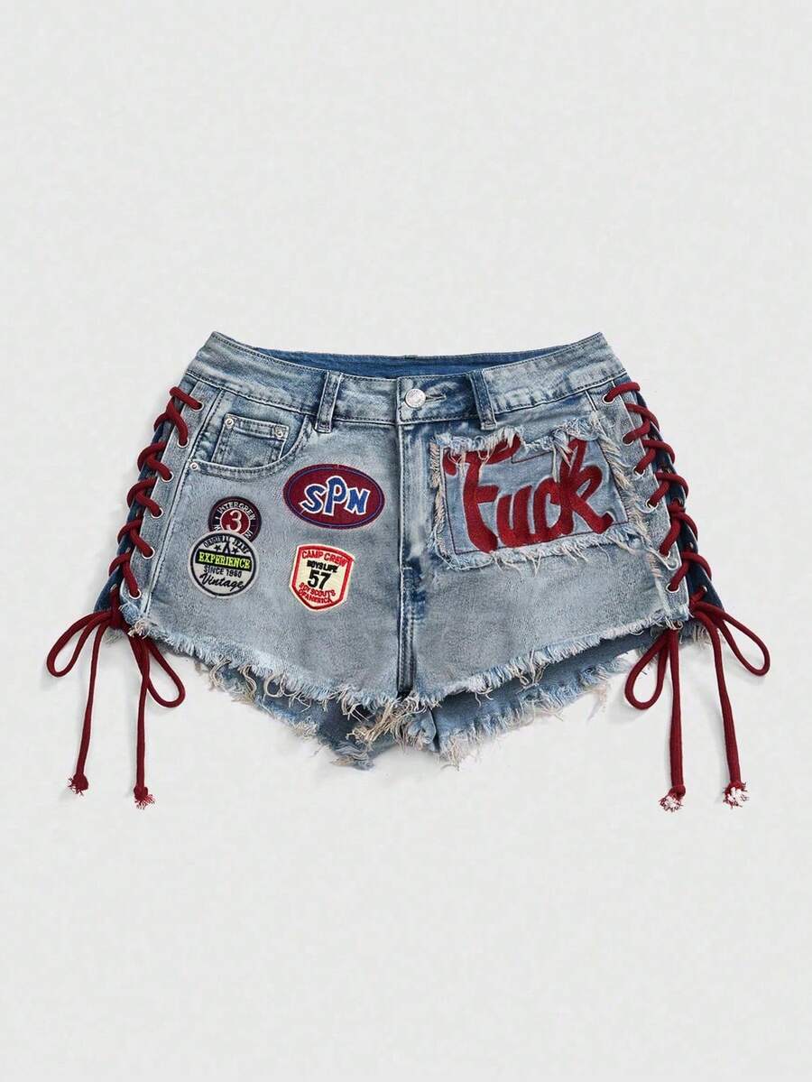 ROMWE Avant 大码女式 Y2K 复古针织运动芭蕾风格图案刺绣抽绳低腰性感迷你紧身牛仔短裤 - 淺藍色 - 查看 1