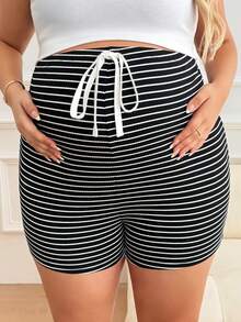 Plussiva 大码孕妇条纹系带短裤 - 黑與白 - 查看 3