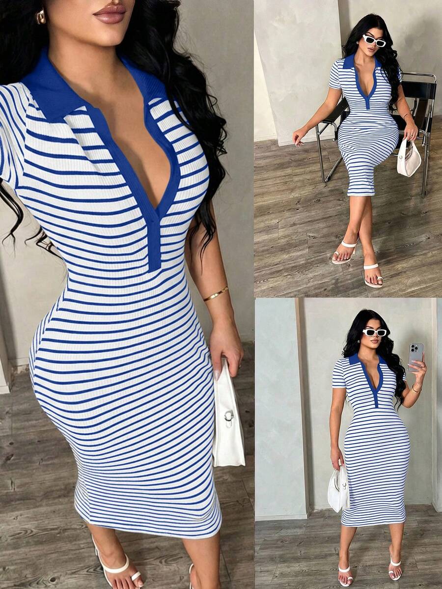 SHEIN SXY 女士休闲简约条纹Polo衫连衣裙，针织弹力修身中长连衣裙，法式优雅连衣裙 - 藍白色 - 查看 1