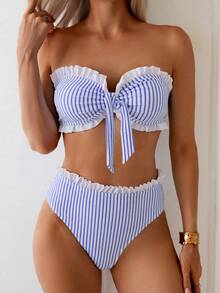 SHEIN Swim Spring/Summer Beach Vacation Striped Print 2 Pieces Set, Ruched Neckline, Ruffled Hem Pants - Purple - View 1