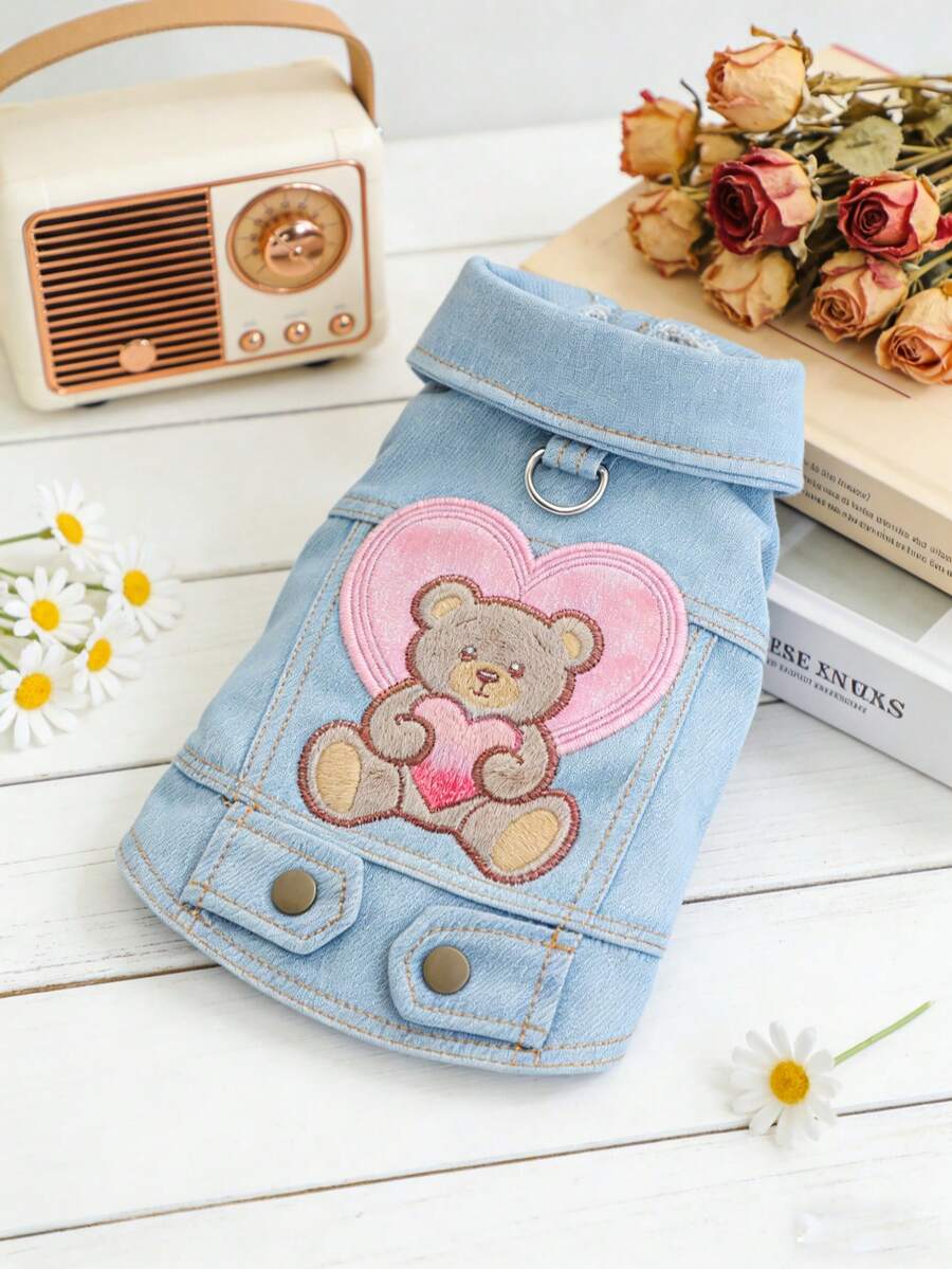 PETSIN 1 Piece Of Pet Clothing, Suitable For Cats, Dogs, And All Ages. Cute Embroidered Teddy Bear Cartoon Pattern Blue Jacket - Blue - View 1