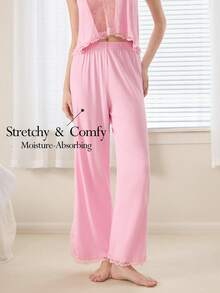 Ocili 柔软舒适的棉质蕾丝边浅粉色抽绳裤脚睡裤（女士款） - 粉色 - 查看 1