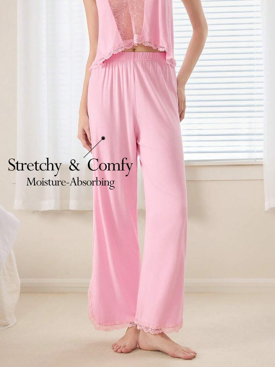 Ocili 柔软舒适的棉质蕾丝边浅粉色抽绳裤脚睡裤（女士款） - 粉色 - 查看 1