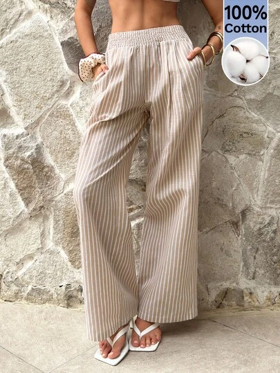 Siren Gaze Relaxed Vacation Style Beige And White Striped Linen Wide Leg Pants, Women's Casual Summer Trousers, Cotton Striped Pants, Khaki
