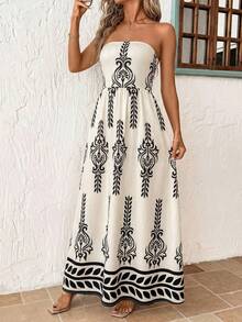 Solivie Đầm in họa tiết cổ điển dành cho nữ, phong cách thường ngày đi nghỉ mát. - Màu be - Xem 4