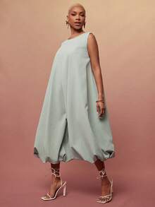 Vixey Bộ áo liền quần không tay cổ tròn dáng phồng, chất liệu dệt trơn - màu xanh lá - Xem 4