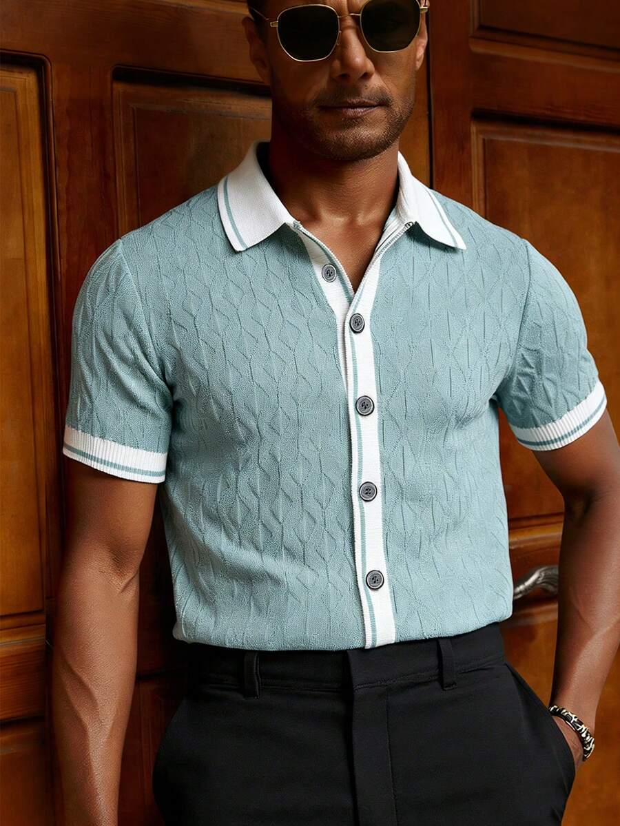 Manfinity Homme 男士休闲日常撞色滚边纽扣针织 Polo 衫 - 彩色 - 查看 1