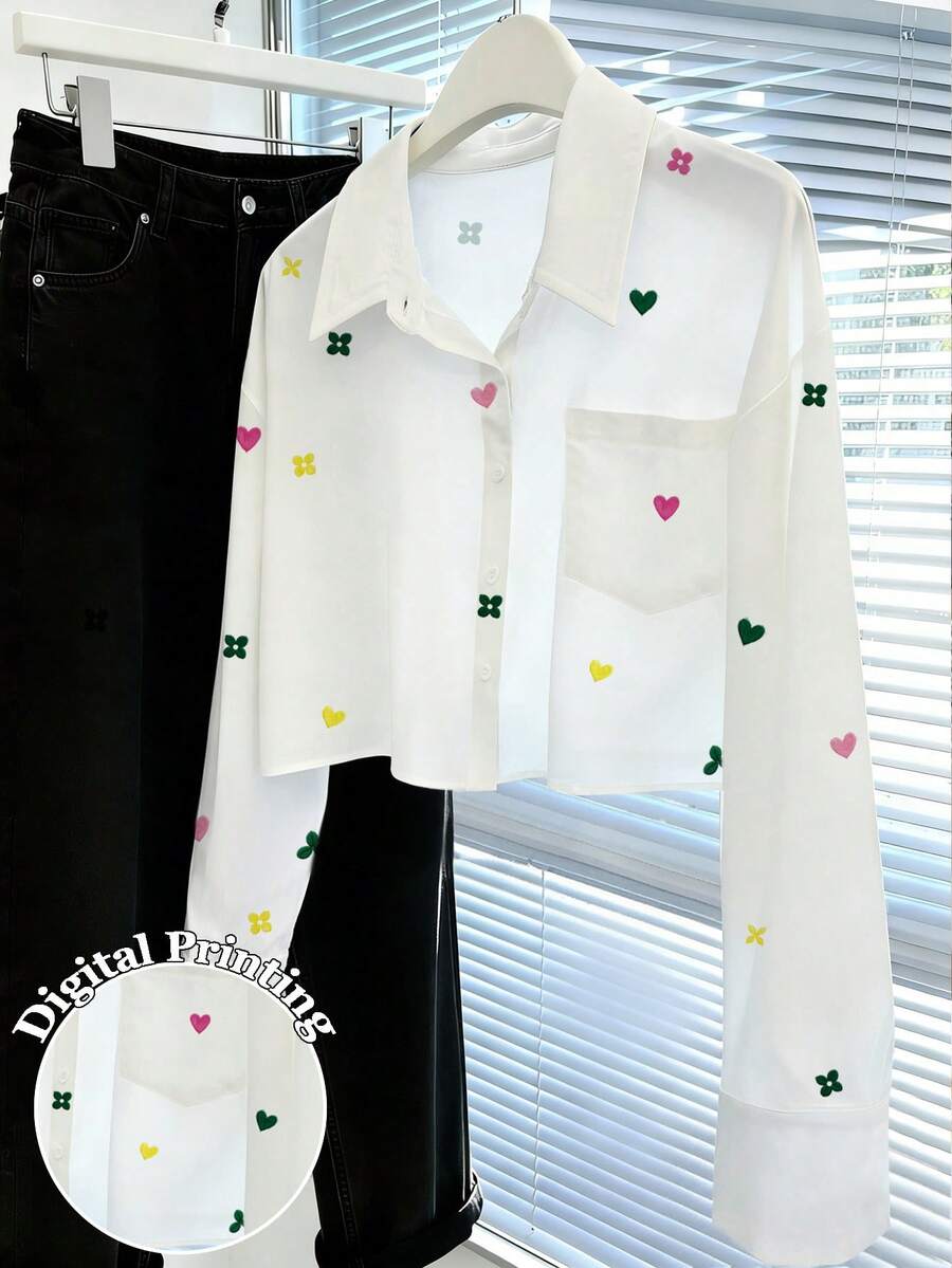 Resyla Áo sơ mi dài tay nữ tay dài họa tiết trái tim cài cúc phía trước, kiểu dáng tối giản, thường ngày. - Nhiều màu - Xem 1