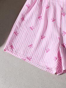 SHEIN Set Atasan Tanpa Lengan dan Celana Pendek untuk Anak Perempuan Remaja, Warna Pink Pastel, Musim Panas, Lucu, Liburan, Desain Garis-garis dengan Sabuk Pinggang, Gaya Komuter Sederhana untuk Pakaian Anak Perempuan Remaja - Berwarna merah muda - View 9