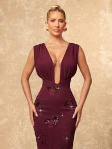 Lumalex 亮片及亮片柔软褶皱网纱紧身露背系带腰连衣裙（女款） - 中紫紅色 - 查看 9