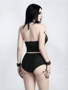 ROMWE Bộ bikini hai mảnh in họa tiết cổ yếm thanh lịch dành cho nữ, thích hợp cho kỳ nghỉ biển, tiệc tùng, kiểu dáng Gothic, đồ bơi Gothic, đồ bơi Gothic cho nữ, đồ bơi Gothic tập luyện, áo tập yoga, đồ bơi Y2K, áo crop top Y2K, đồ bơi có khóa kéo, áo Gothic, bộ bikini Gothic, đồ bơi Gothic - màu đen - Xem 2