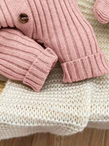 SHEIN 新生女婴可爱秋冬百搭针织连脚裤和帽子套装 - 藕粉色 - 查看 7